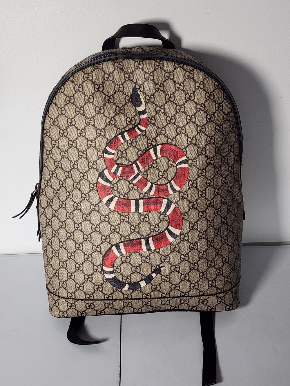 Gucci Beige Monogram Backpack with Red & Black Snake Motif